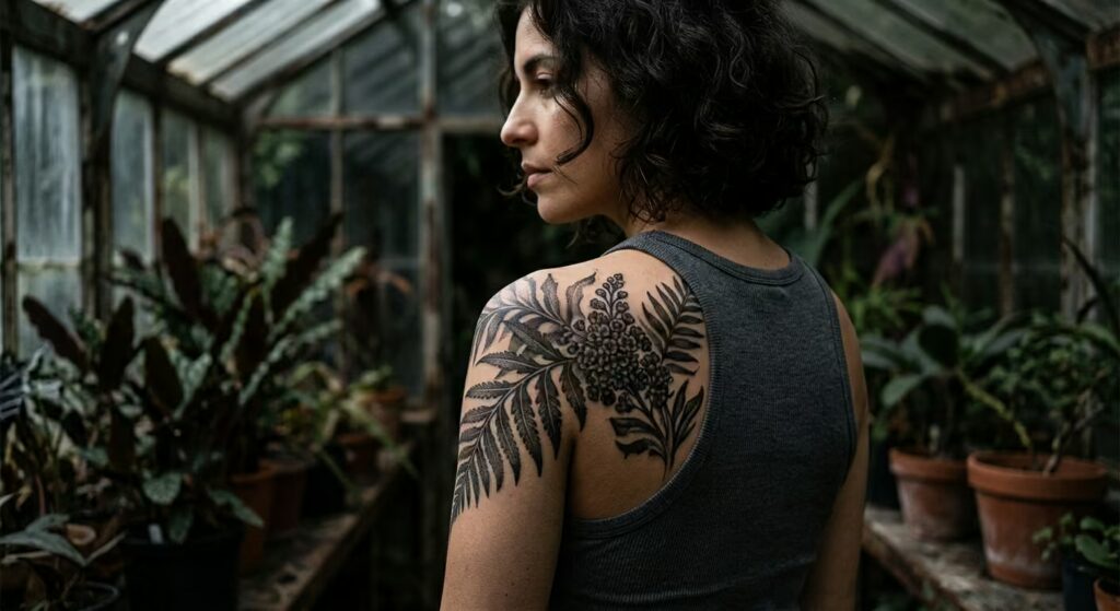 Blackwork ferns framing a flower cluster on the shoulder
