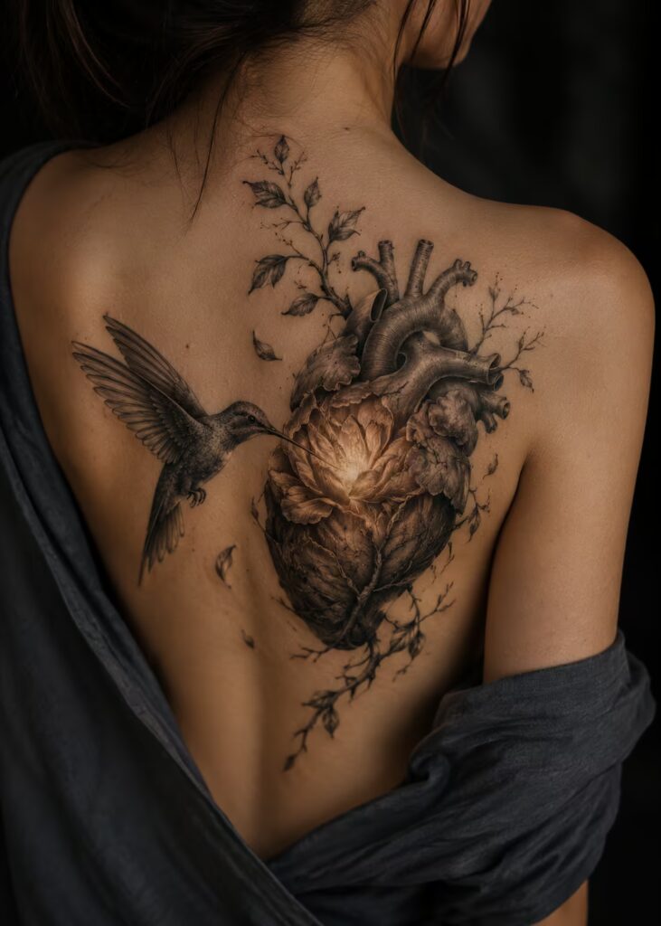 Blooming Heart Hummingbird Tattoo