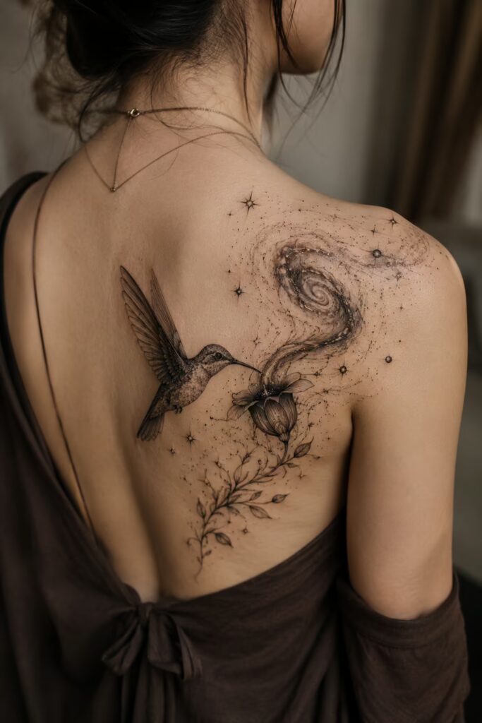 Cosmic Bloom Hummingbird Tattoo