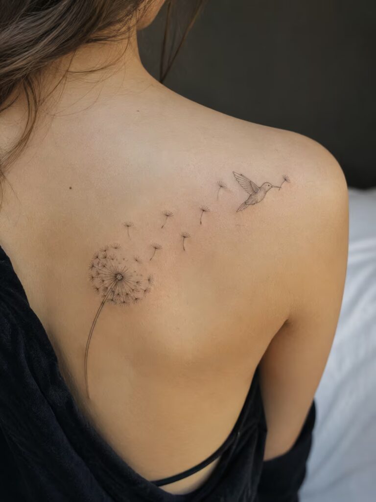 Dandelion Leap Hummingbird Tattoo Idea