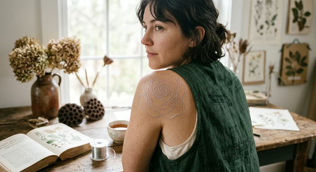 Lavender sprigs lay along the inner forearm Botanical Tattoo