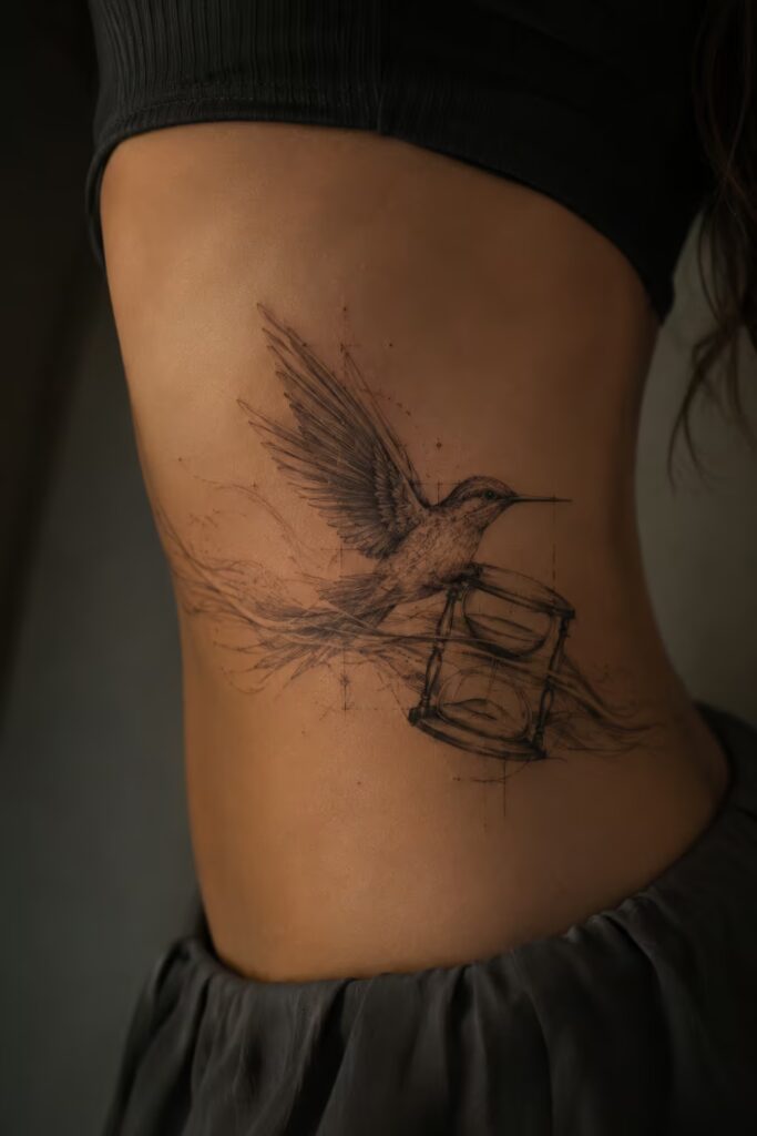 The Eternal Drift Horizontal Hourglass Hummingbird Tattoo