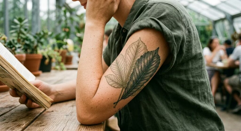 Two-layered leaves in an engraving style on the upper arm