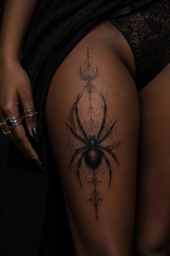 Black Widow Thigh Spider Tattoo