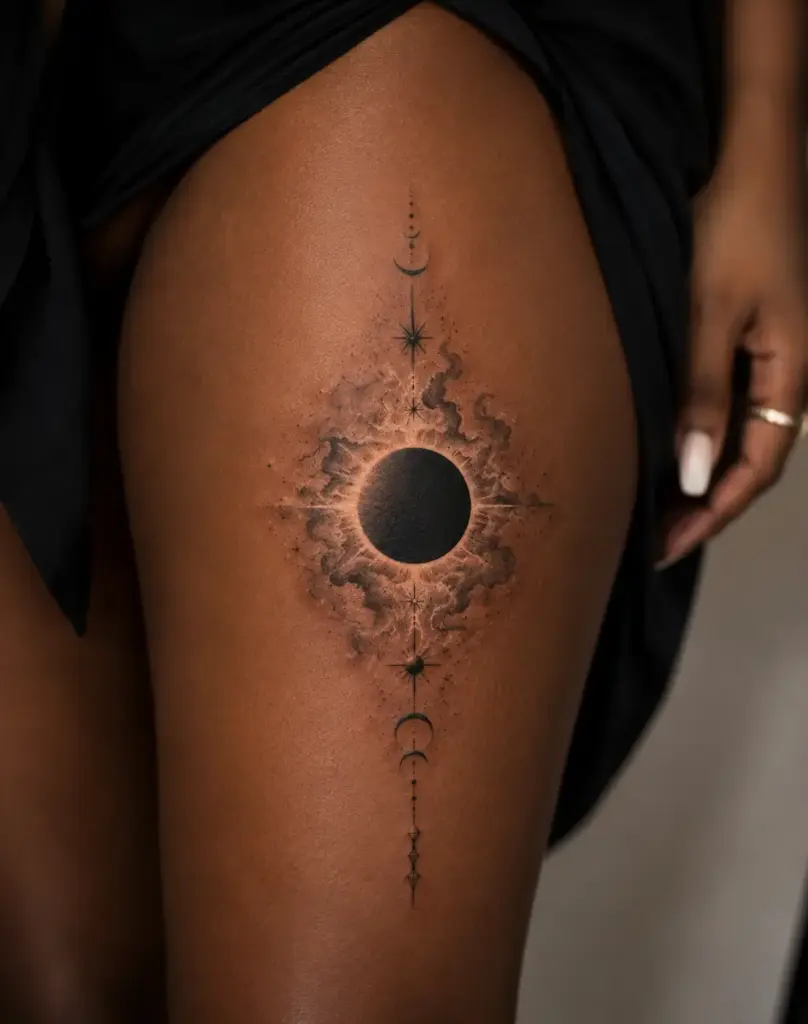 Celestial Storm Thigh Tattoo