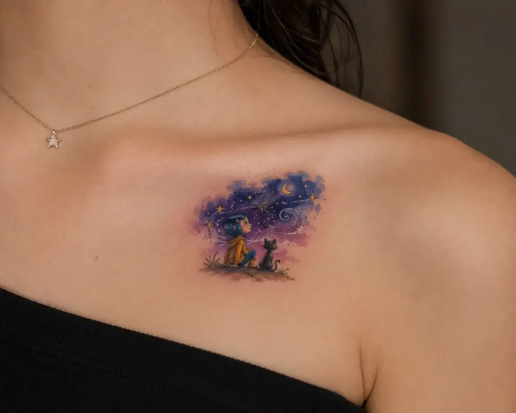 Coraline and the Cat Collarbone Tattoo