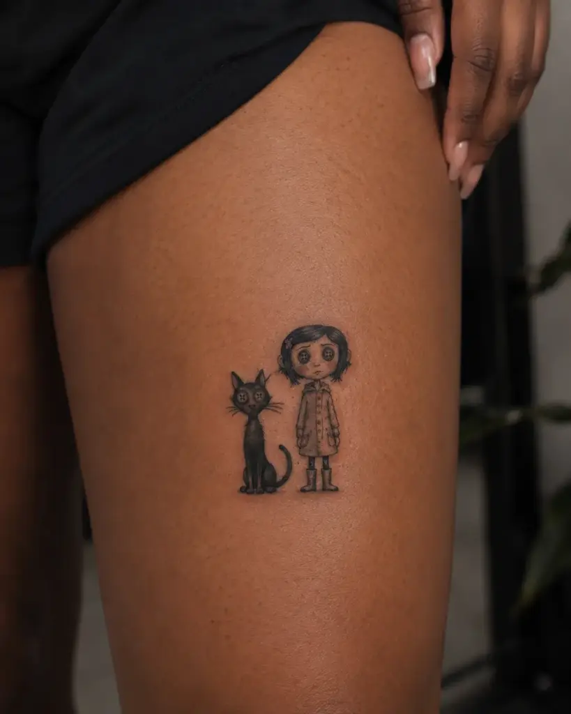 Coraline and the Cat Thigh Tattoo