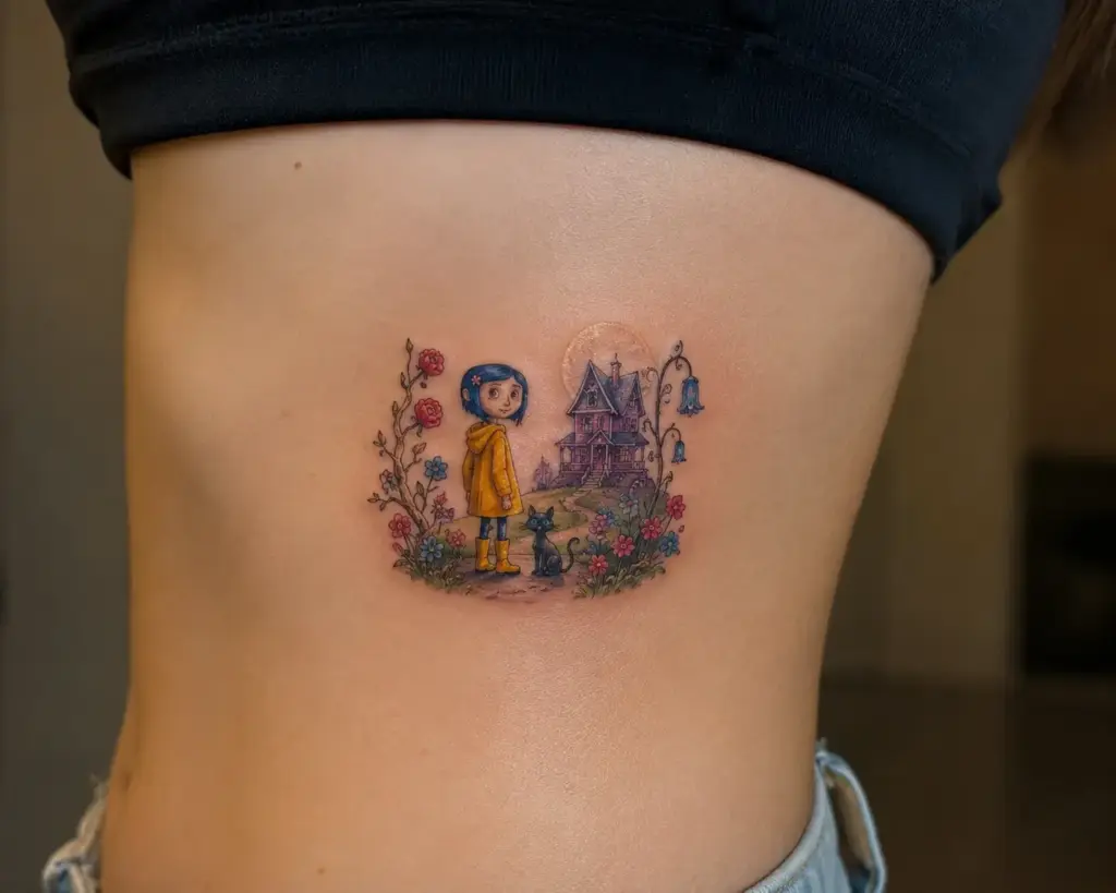 Coraline and the Pink Palace Rib Tattoo