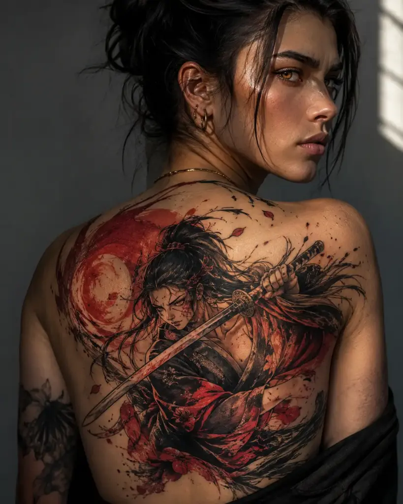 Crimson Katana Back Tattoo
