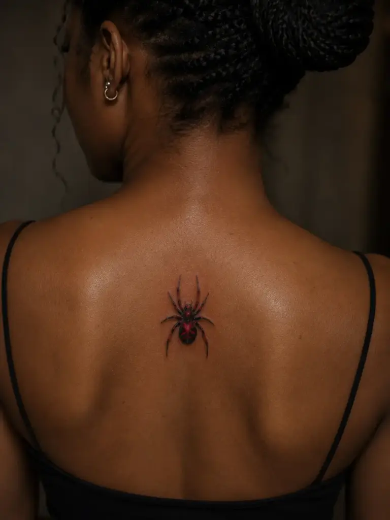Crimson Realism Upper Back Spider Tattoo