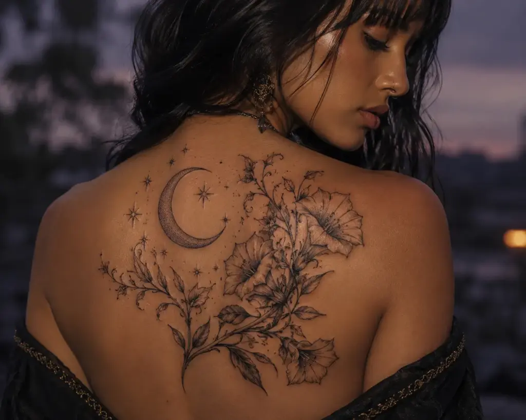 Datura Moon Back Tattoo