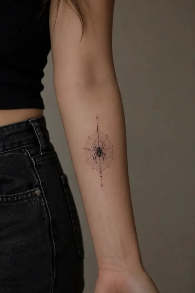 Fine-Line Web Forearm Spider Tattoo