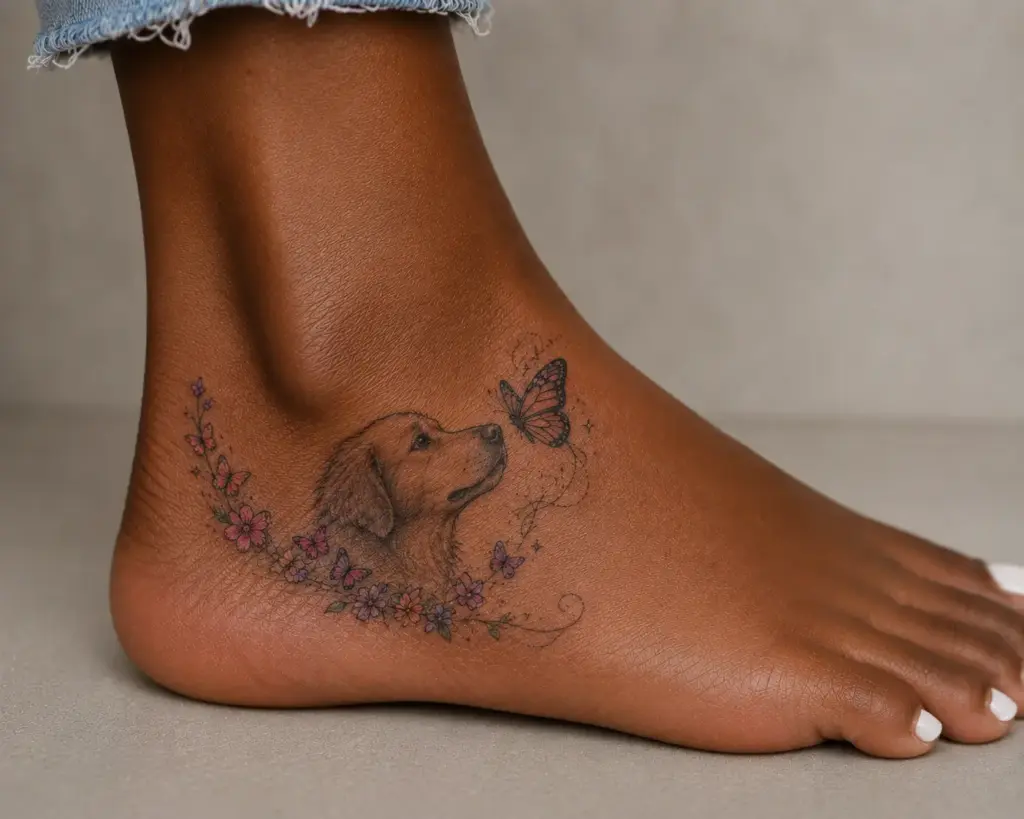 Golden Retriever Portrait Side Foot Tattoo