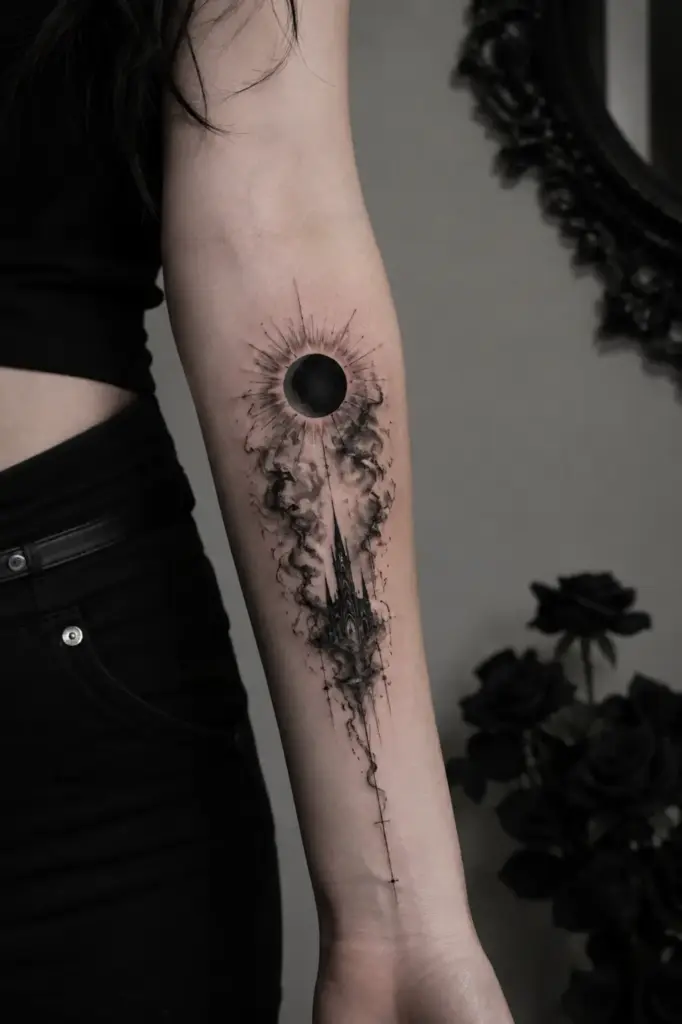 Gothic Cathedral Eclipse Forearm Tattoo