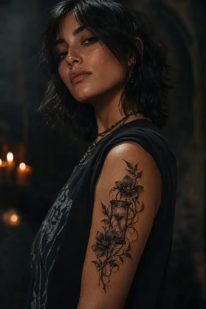 Hellebore Hourglass Upper Arm Tattoo