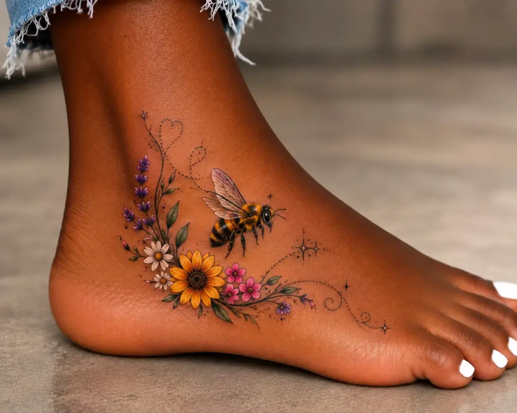 Honeybee and Wildflowers Side Foot Tattoo ideas