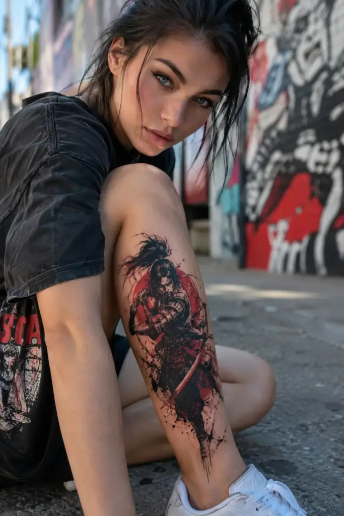 Ink Splash Samurai Thigh Tattoo
