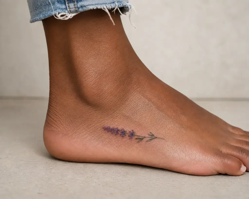 Lavender Sprig Side Foot Tattoo