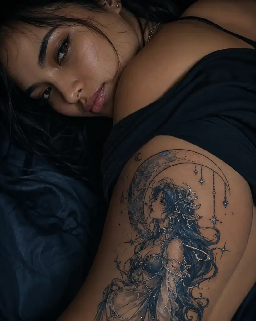 Moonlit Celestial Goddess Hip Tattoo