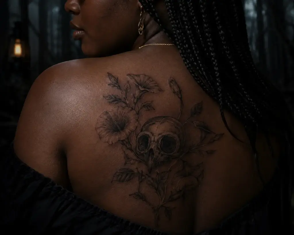 Owl Skull Moonflower Shoulder Tattoo