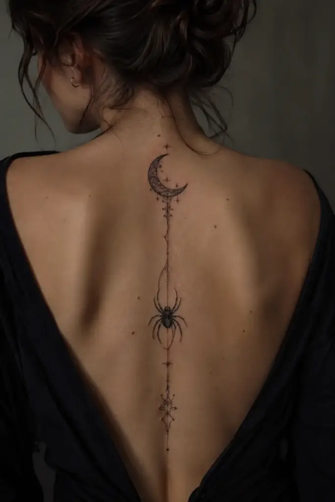 Moonlit Spine Spider Tattoo