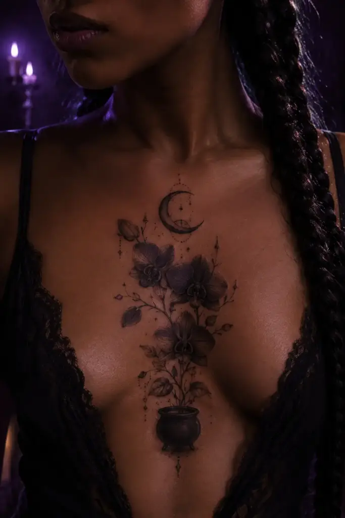 Orchid Moon Cauldron Sternum Tattoo