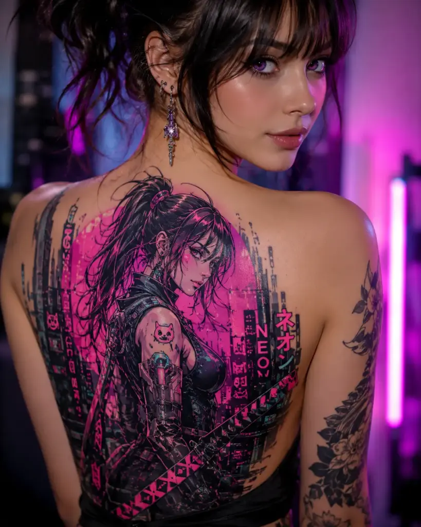 Neon Cyberpunk Muse Back Tattoo
