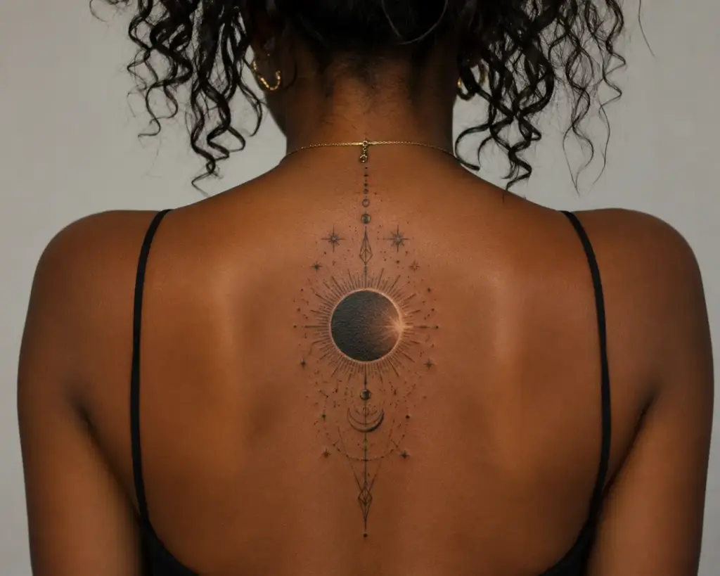 Ornamental Eclipse Spine Tattoo
