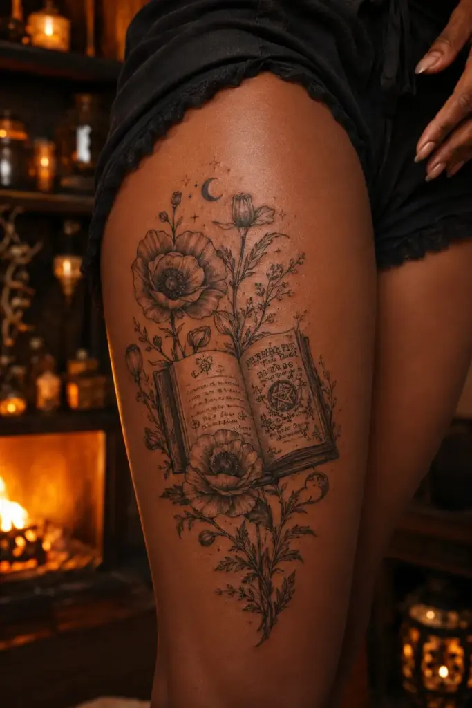 Poppy Spellbook Thigh Tattoo