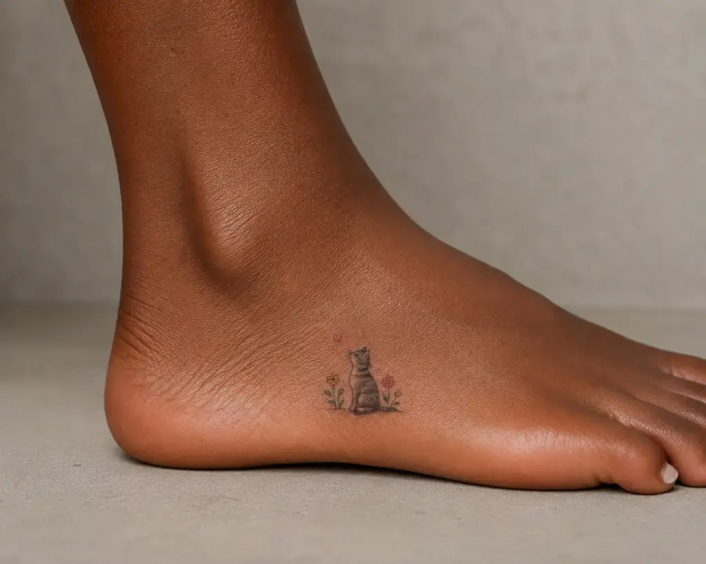 Sitting Cat and Flowers Side Foot Tattoo