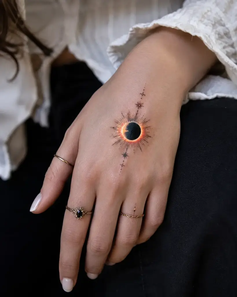 Solar Flare Eclipse Hand Tattoo