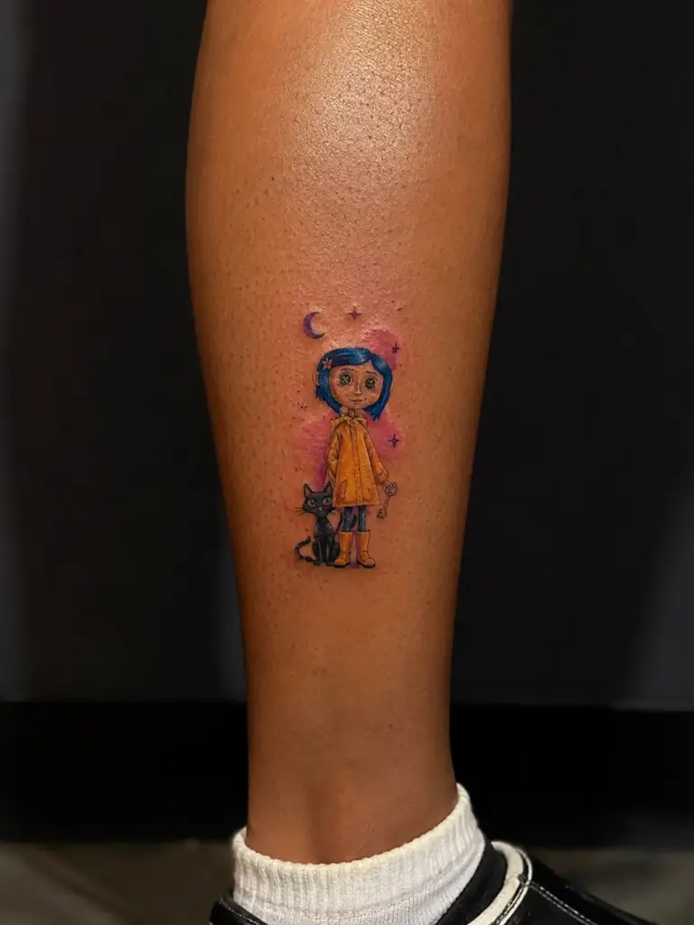 The Watercolor Coraline Calf Tattoo