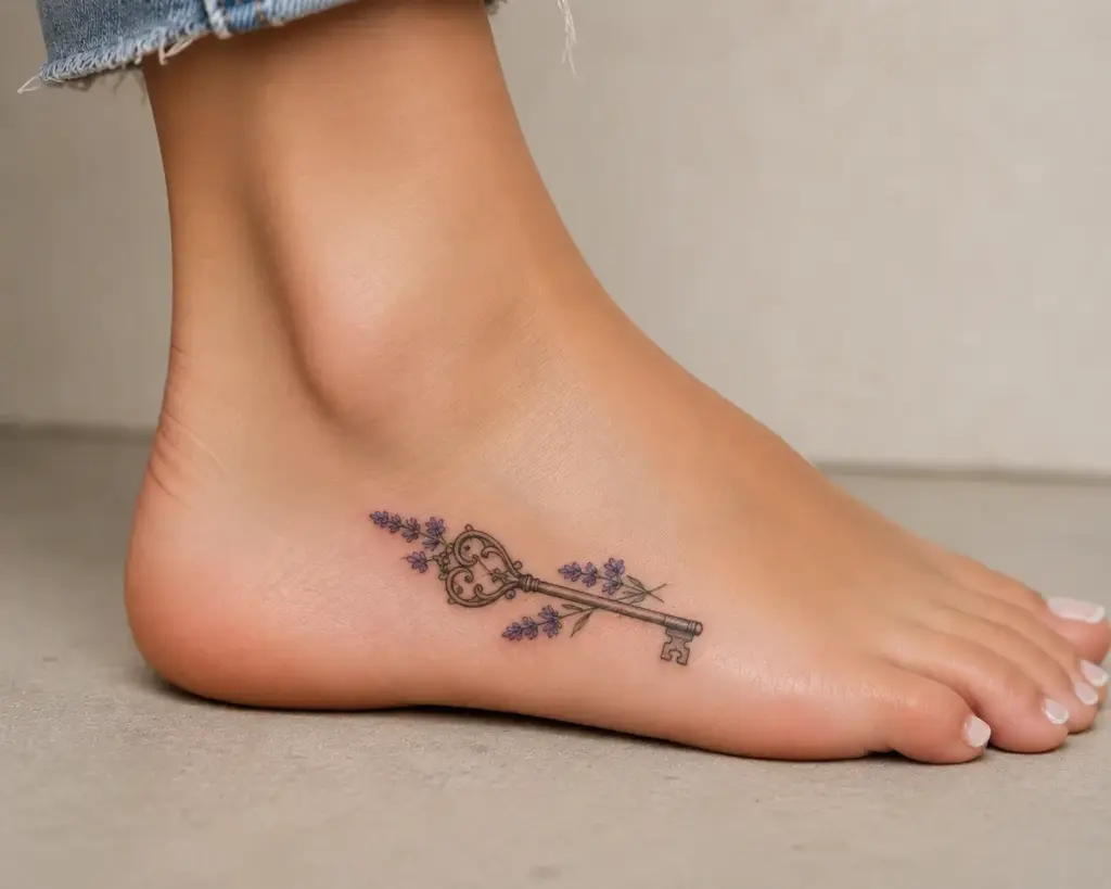 Vintage Key and Lavender Side Foot Tattoo