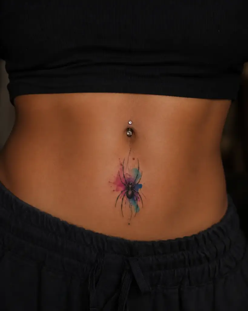Watercolor Stomach Spider Tattoo