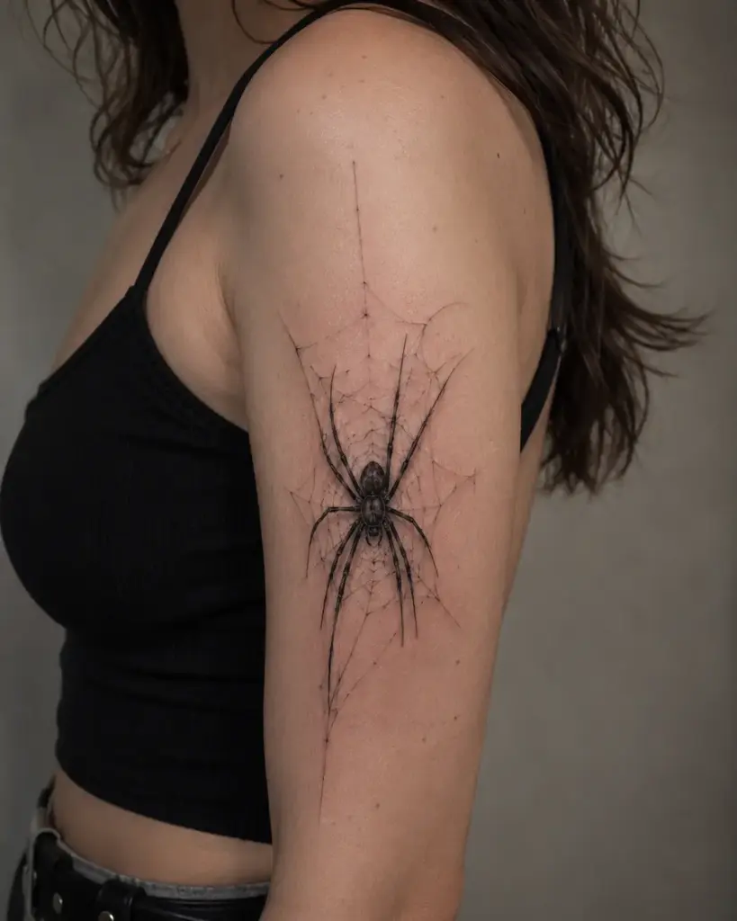Web-Draped Upper Arm Spider Tattoo