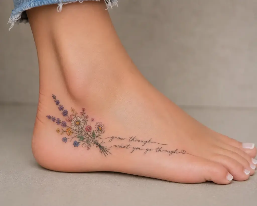 Wildflower Bouquet Quote Side Foot Tattoo