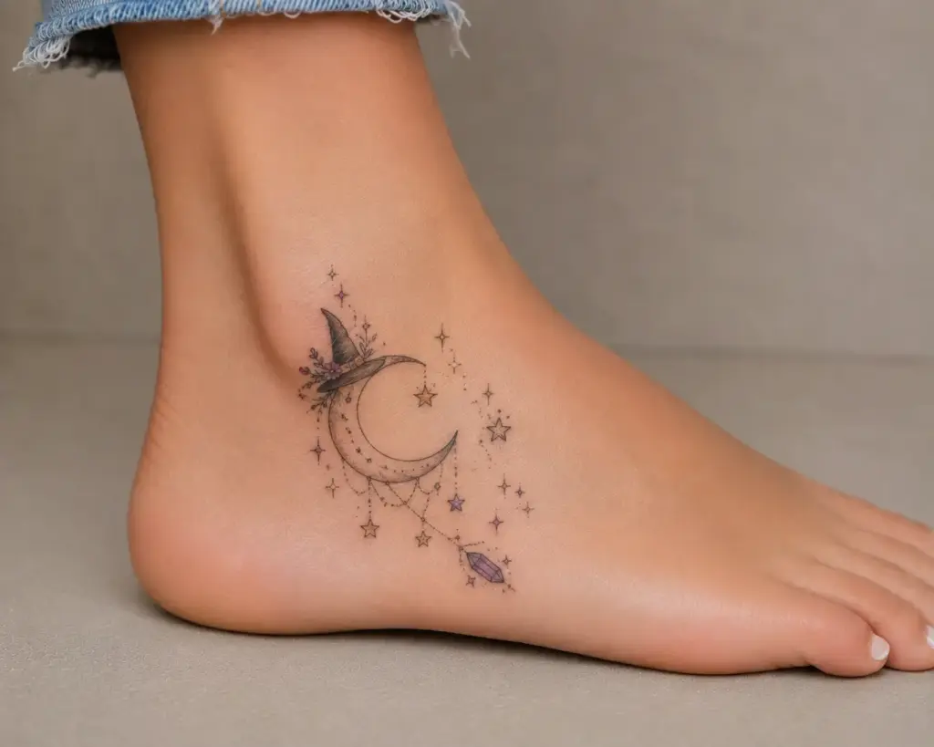 Witchy Crescent Moon Side Foot Tattoo