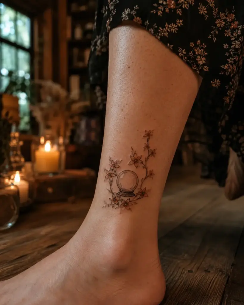 Crystal Ball Witch Hazel Ankle Tattoo