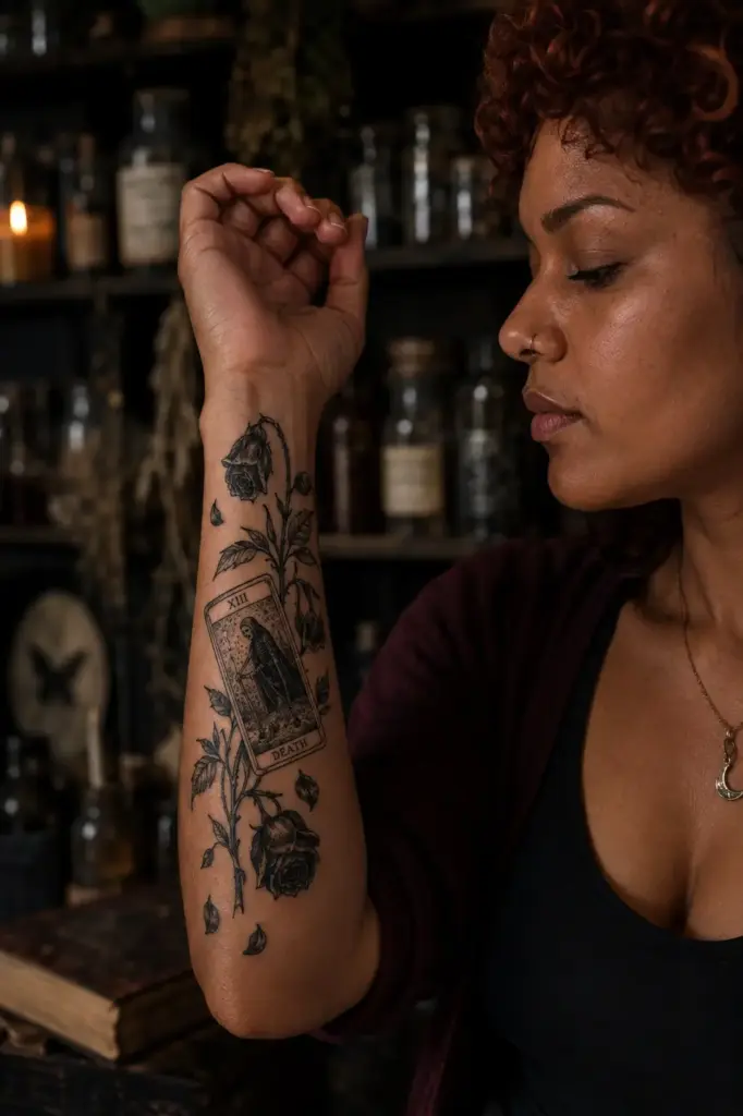 Death Tarot Rose Forearm Tattoo
