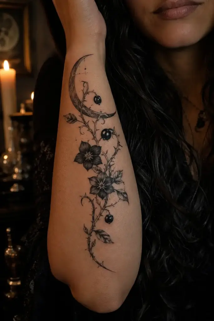 Nightshade Crescent Moon Forearm Tattoo
