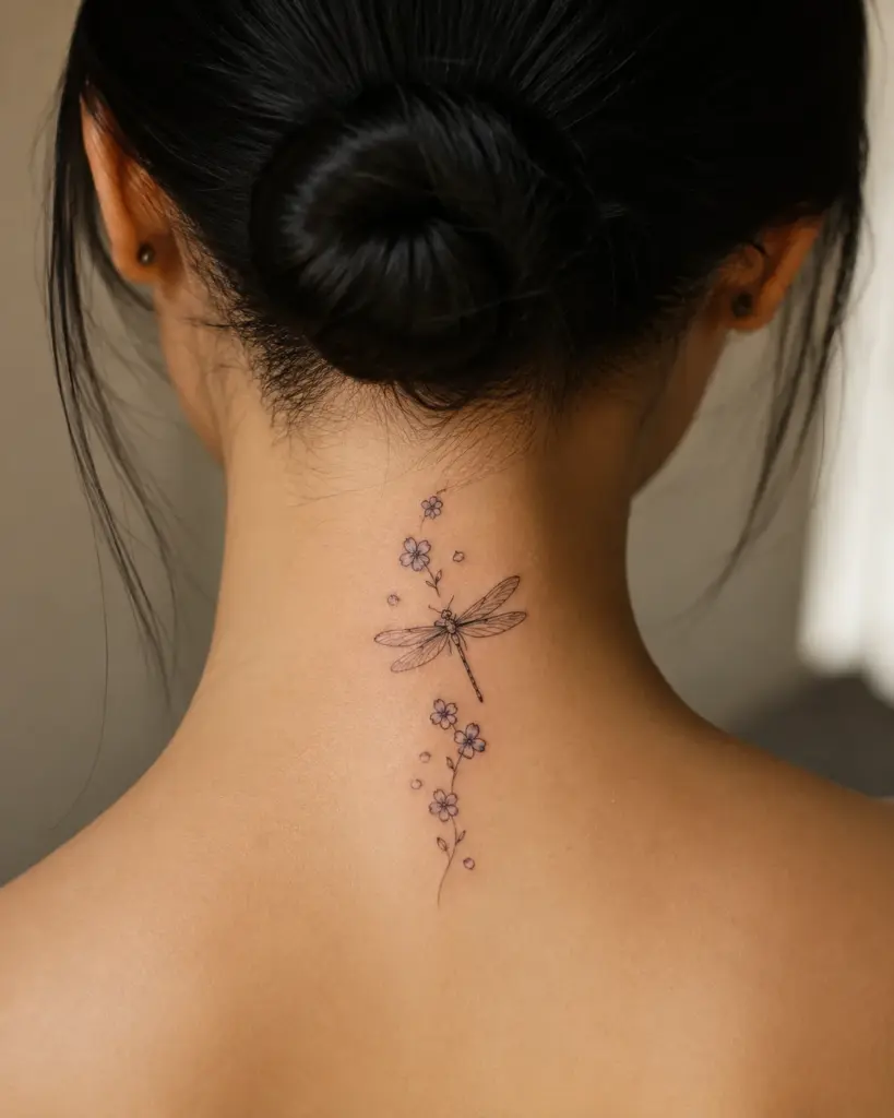 Forget-Me-Not Dragonfly Nape Tattoo