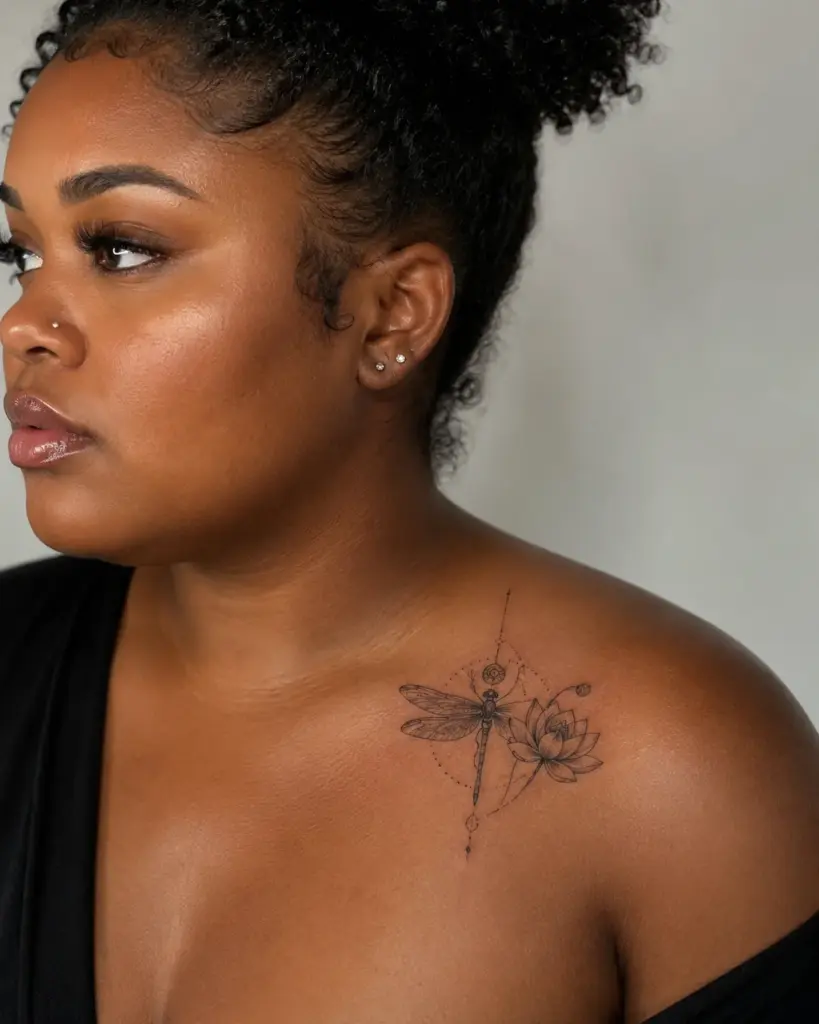 Lotus Geometric Dragonfly Collarbone Tattoo
