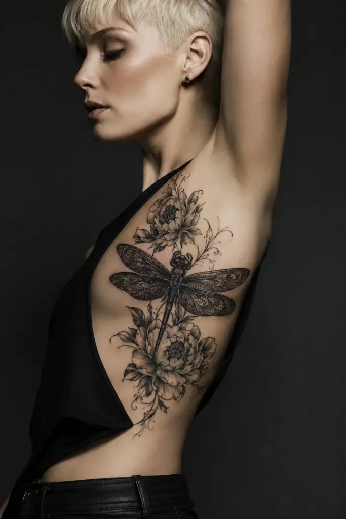 Peony Dragonfly Ribcage Tattoo