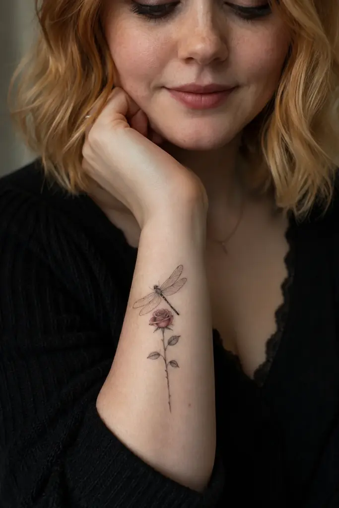 Rose Stem Dragonfly Inner Forearm Tattoo
