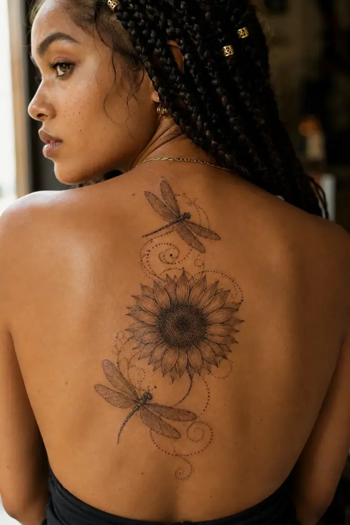 Sunflower Spiral Dragonfly Back Tattoo