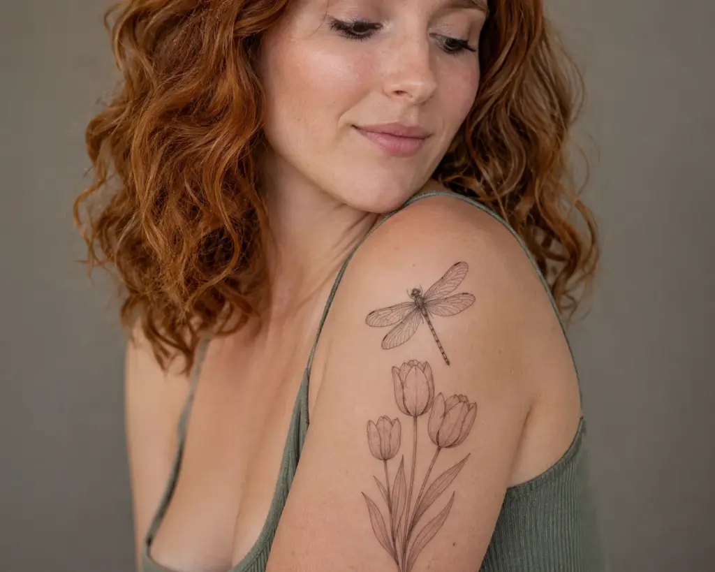 Tulip Dragonfly Upper Arm Tattoo