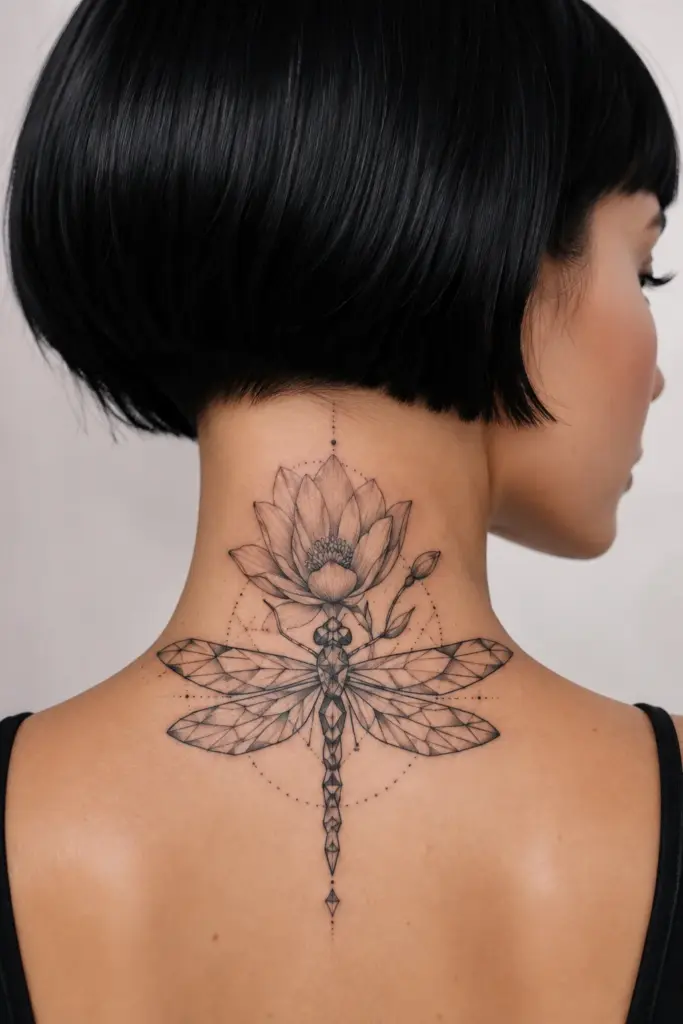 Geometric Magnolia Dragonfly Upper Back Tattoo