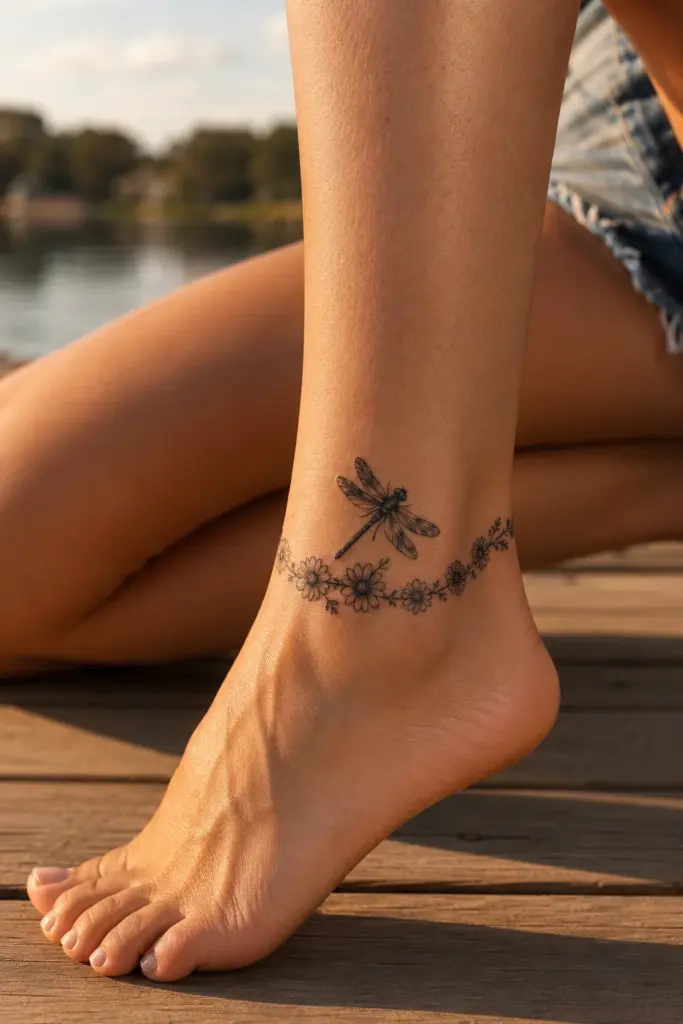 Daisy Chain Dragonfly Anklet Tattoo