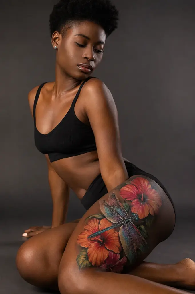 Iridescent Hibiscus Dragonfly Thigh Tattoo