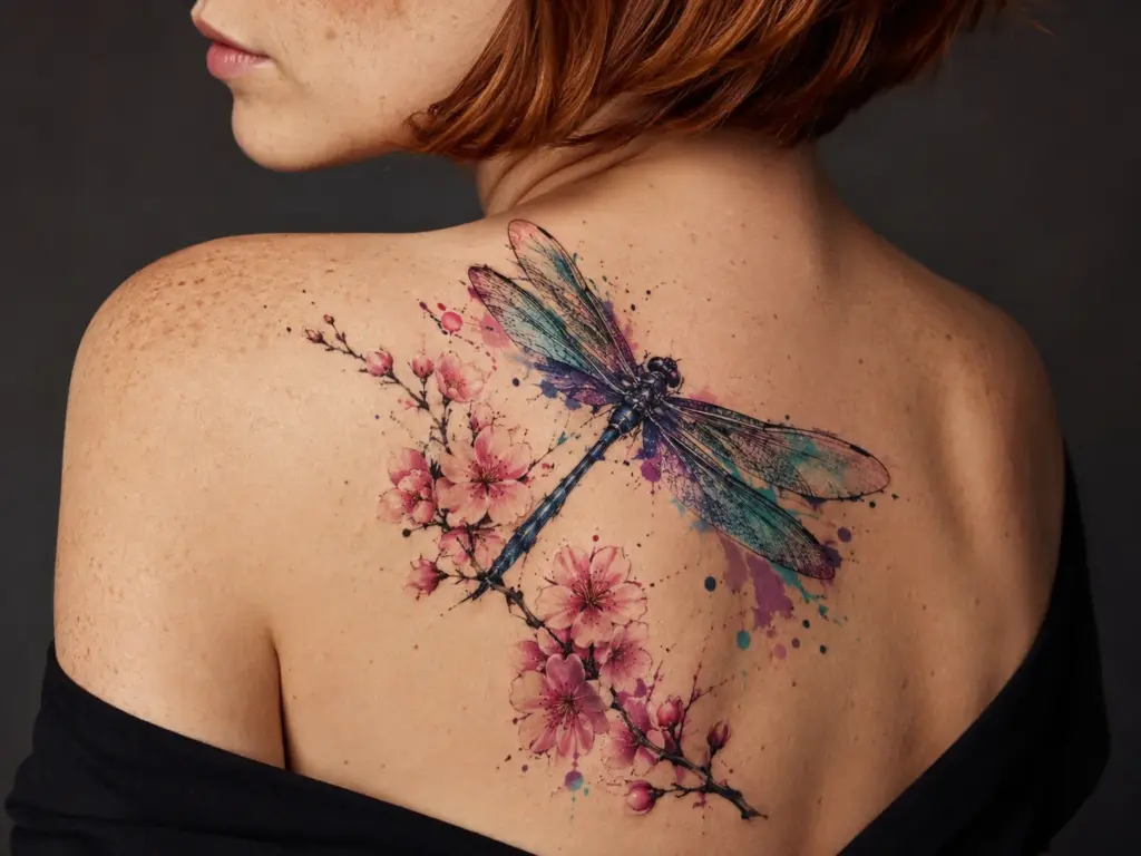 Teal Cherry Blossom Dragonfly Shoulder Blade Tattoo